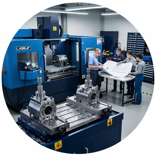 Modern CNC machining workshop with metal parts in production, industrial environment, business meeting in background with engineers reviewing plans, blue and dark professional tones, clean composition, circular framing, high detail, realistic lighting
