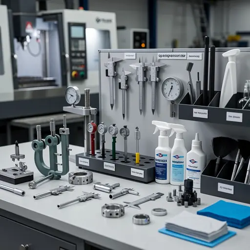 Professional CNC machining workshop tools and equipment arranged neatly, metal parts, measuring instruments, industrial cleaning and maintenance tools, modern factory environment, soft light, clean composition, business and productivity atmosphere, high detail, realistic style
