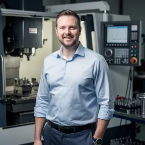 Professional portrait of a male industrial entrepreneur in modern CNC workshop, subtle machinery background blur, smart casual attire, confident and approachable expression, realistic photography, soft professional lighting
