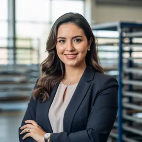 Professional portrait of a female production manager in industrial environment, slight workshop background blur, modern business attire, confident smile, natural lighting, realistic photography, high detail
