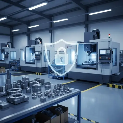 Industrial workshop security concept, CNC machining environment with subtle shield icon hologram, metal parts and production floor, business protection and financial stability concept, modern blue tones, clean composition, soft lighting, professional atmosphere, realistic style
