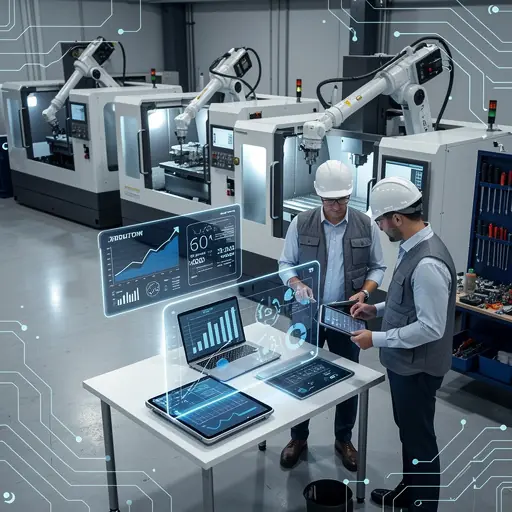 Modern industrial business concept, CNC machining workshop with digital strategy overlay, engineers reviewing growth charts and production data, blue and dark professional tones, clean composition, high-tech industrial atmosphere, realistic lighting, corporate yet modern style
