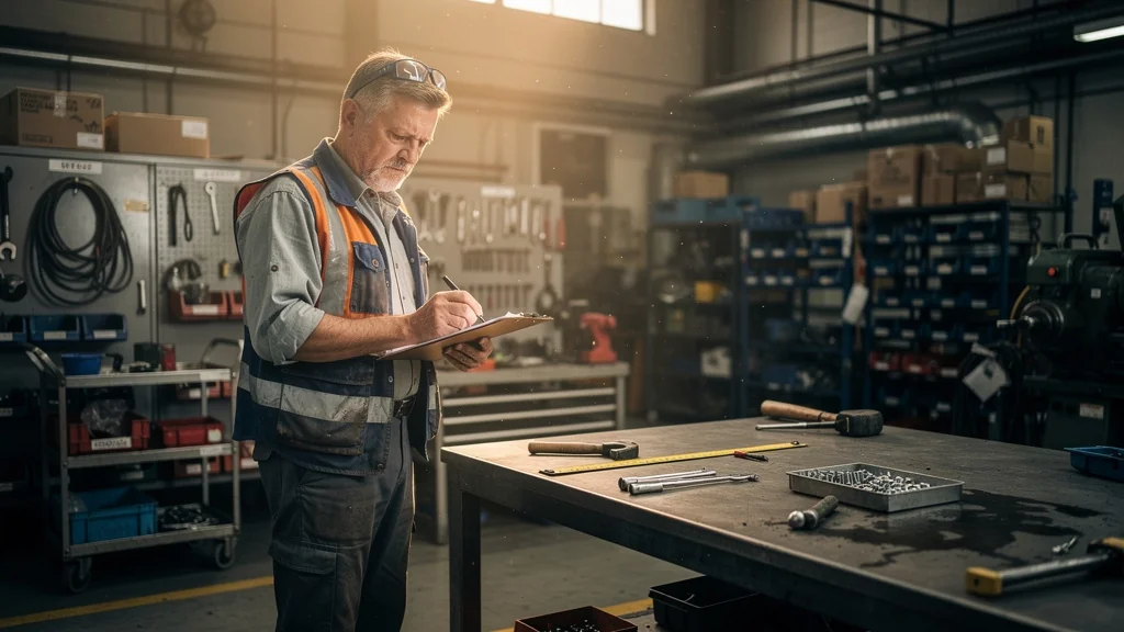 Audit 5S raté dans un atelier industriel, montrant le désordre et l’apprentissage sur l’organisation