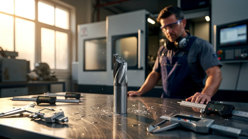 Photo réaliste d'une fraise carbure cassée dévoilant les erreurs en méthodes d'usinage précises