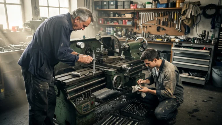 Rénovation d'un tour Ernault avec mon père dans un atelier, scène réaliste de mécanique et transmission