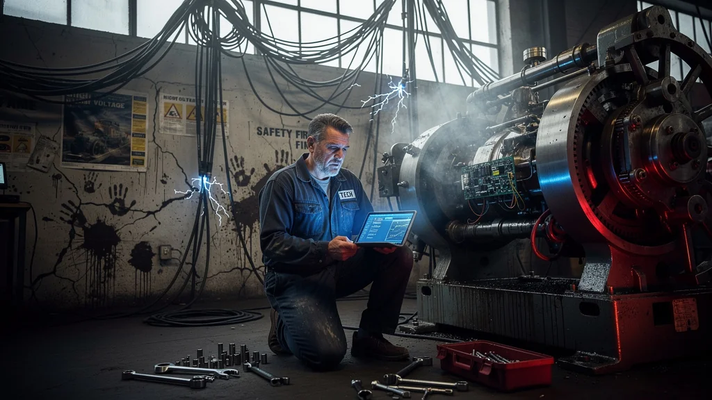 Technicien réévaluant un diagnostic machine après une panne électrique dans un atelier industriel sombre et réaliste