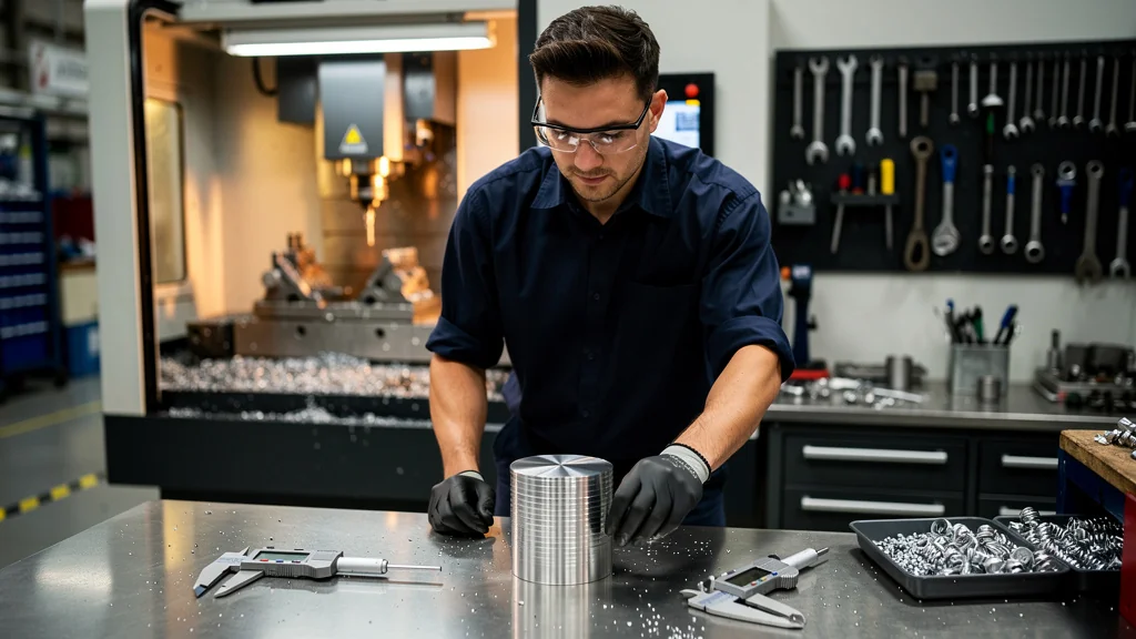 Technicien mesurant une pièce CNC après fluide à 8 % d'huile pour tenir 0,02 mm