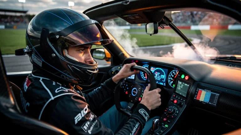 Pilote de course concentré intégrant la gestion thermique pour sauver sa machine en pleine compétition