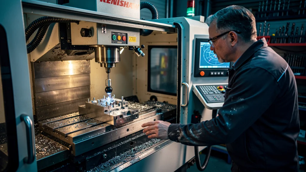 Mise en service d'un palpeur Renishaw en atelier CNC, avant production, avec premier faux réglage.