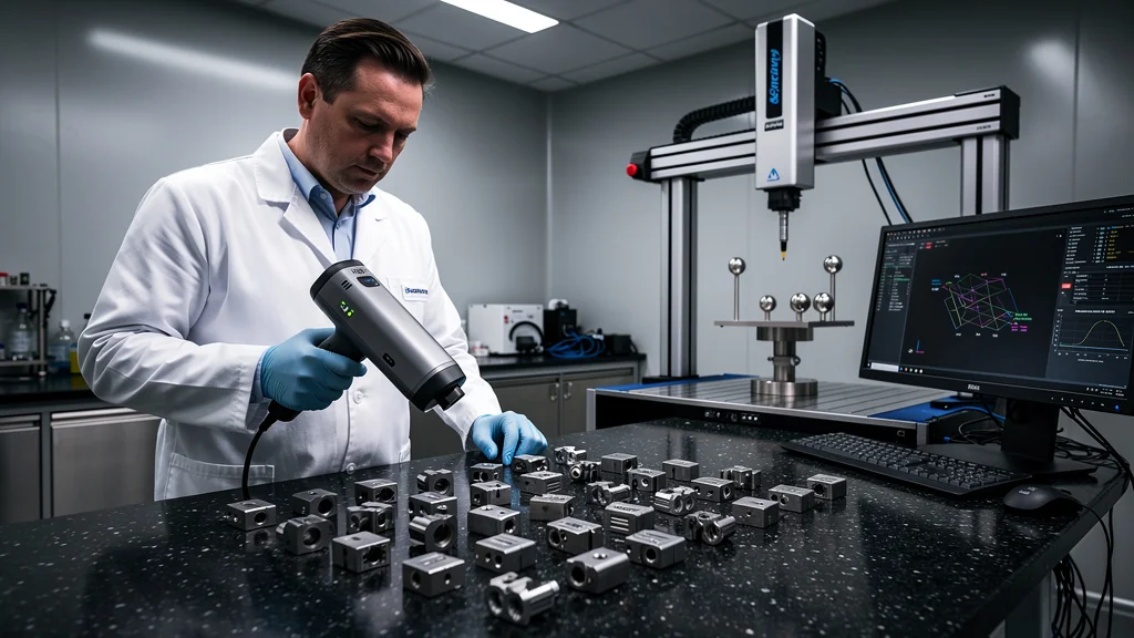 Scanner 3D portable et MMT en laboratoire métrologie, test sur 40 pièces avec comparaison des écarts