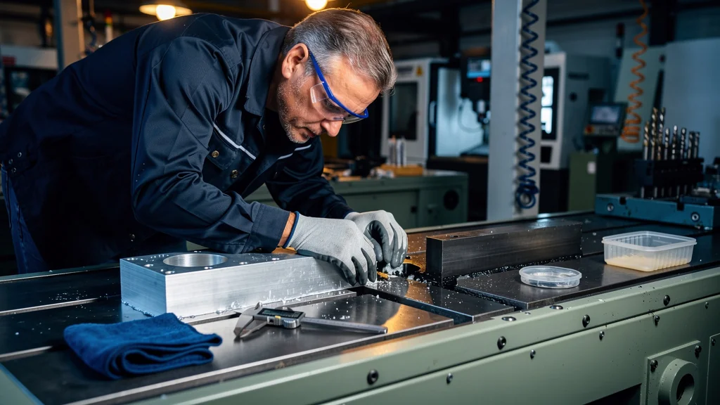 Ingénieur inspectant un fluide passé de l’aluminium 2017A à l’acier dans un atelier industriel