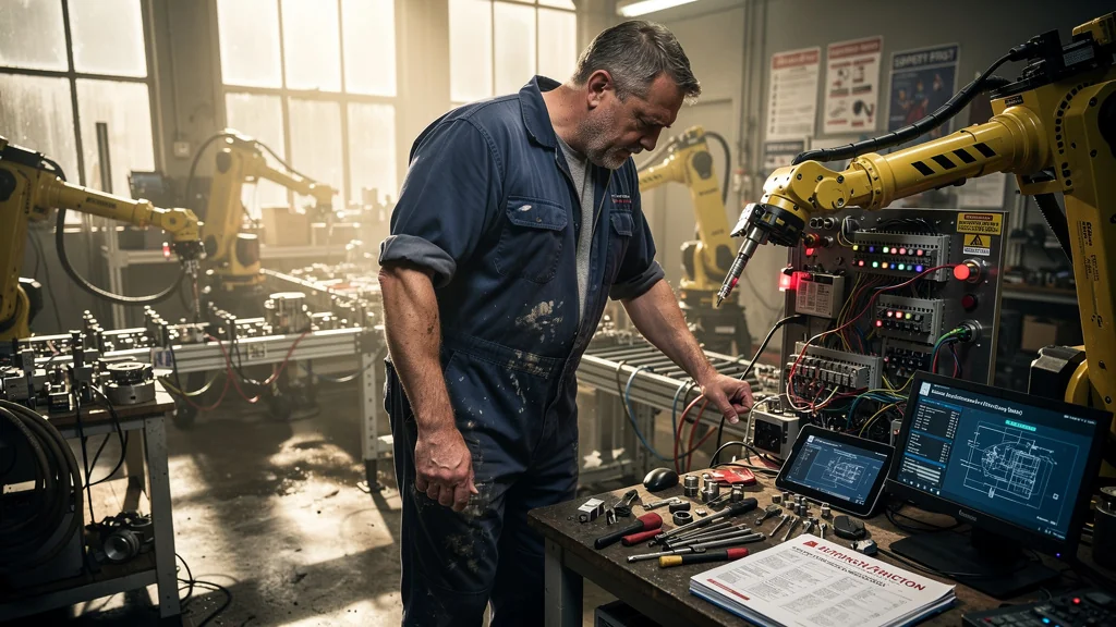 Technicien en atelier réalisant une erreur d'automatisation sans formation adaptée, ambiance industrielle réaliste