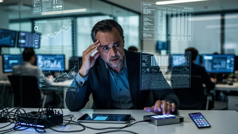 Professionnel désemparé face à la complexité accrue causée par la digitalisation dans un bureau moderne