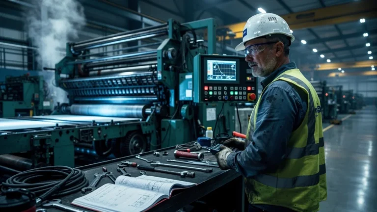 Technicien sauvant une panne critique en production grâce à la maintenance préventive en usine industrielle