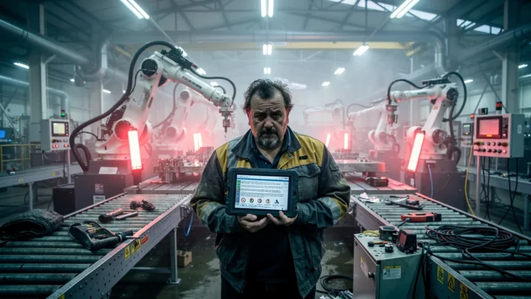 Homme stressé devant un centre d’usinage en panne révélant des faiblesses en gestion technique
