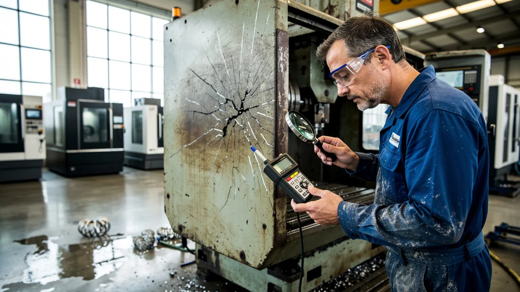 Ancien centre d'usinage avec micro-fissuration visible en atelier moderne, haute précision industrielle