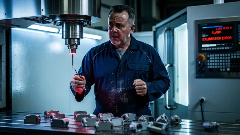 Technicien consterné face à un palpeur mal calibré causant des rebuts industriels évitables