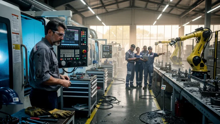 Atelier usinage en transition entre îlots et flux continu avec opérateurs et machines en activité