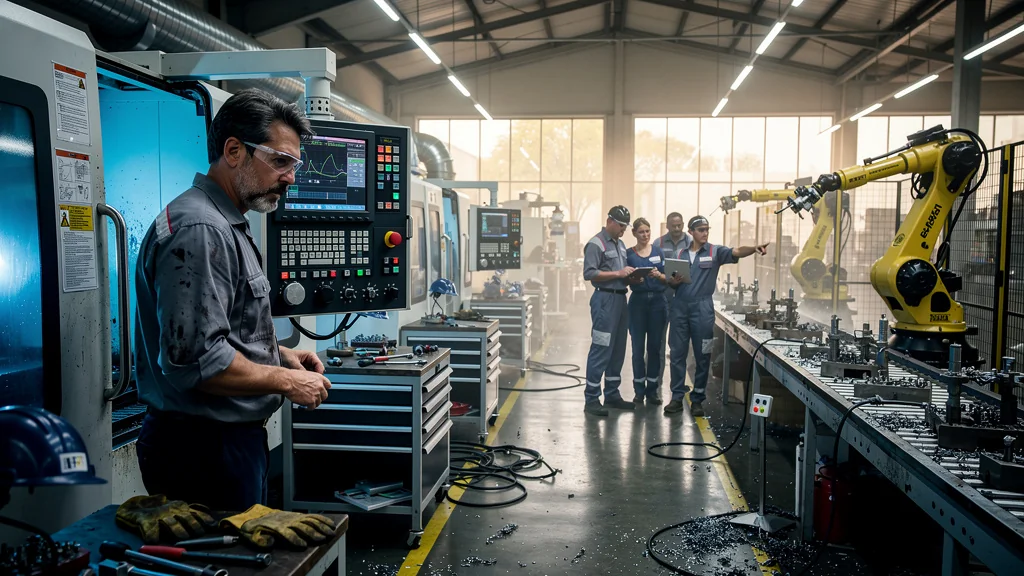 Atelier usinage en transition entre îlots et flux continu avec opérateurs et machines en activité