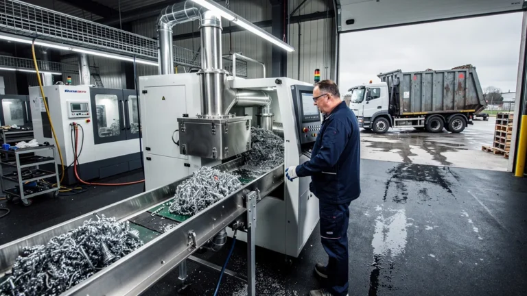 CNC workshop montrant le recyclage interne des copeaux face au collecteur externe