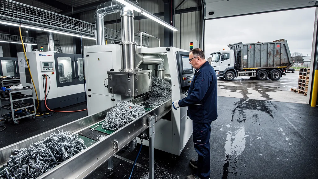 CNC workshop montrant le recyclage interne des copeaux face au collecteur externe