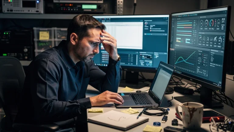 Technicien frustré devant son poste de travail après 2 jours perdus faute de documentation