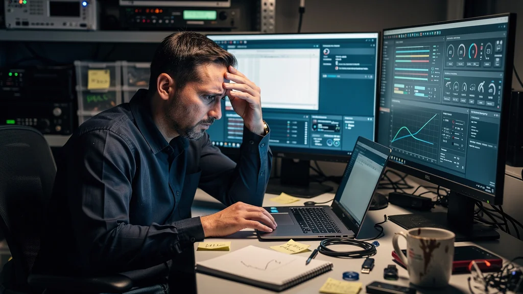 Technicien frustré devant son poste de travail après 2 jours perdus faute de documentation