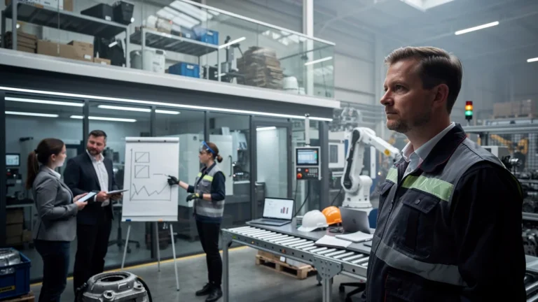 Réunion en usine sur l’OEE face au TRS, avec ingénieurs et ligne de production en arrière-plan
