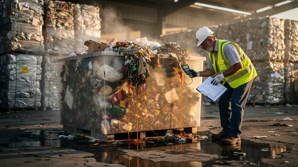 Déchets industriels humides avec liquides visibles illustrant le coût élevé du poids sous-estimé des déchets