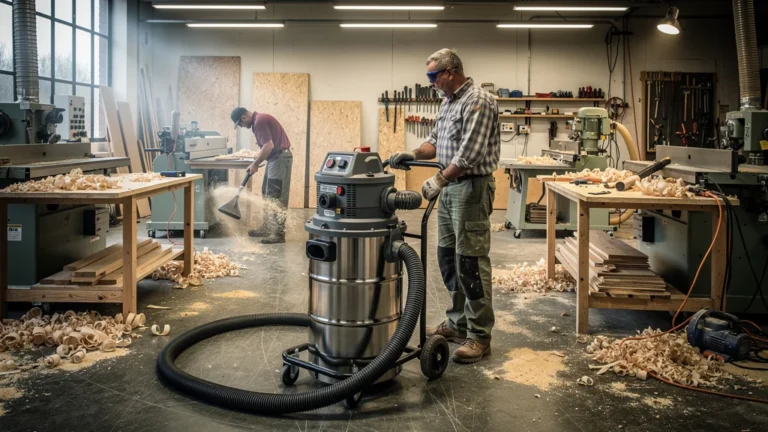 Test d’un aspirateur central copeaux 220 L sur 4 postes d’atelier, face au souffleur manuel