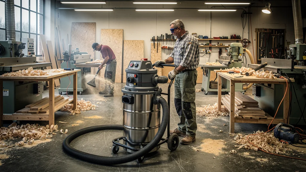 Test d’un aspirateur central copeaux 220 L sur 4 postes d’atelier, face au souffleur manuel