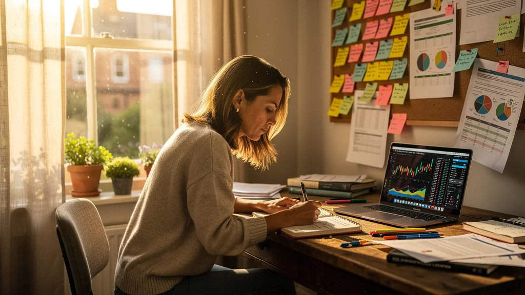 Femme analysant ses relevés de micro-arrêts après 5 semaines dans un bureau lumineux et réaliste