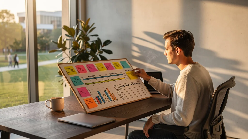Tableau de marche visuel dans un bureau moderne éclairé au soleil, illustrant l’apprentissage des temps morts