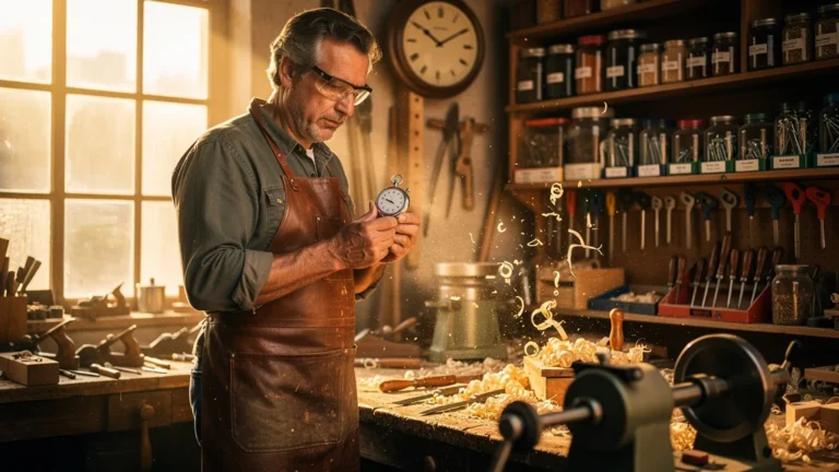Atelier de menuiserie avec artisan chronométrant les copeaux en l'air pour optimiser son travail