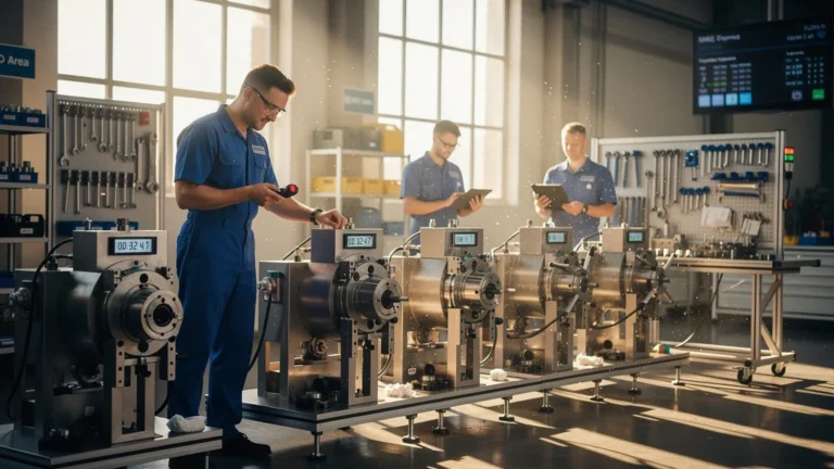 Technicien chronomètre un changement de série SMED sur six réglages successifs en usine moderne