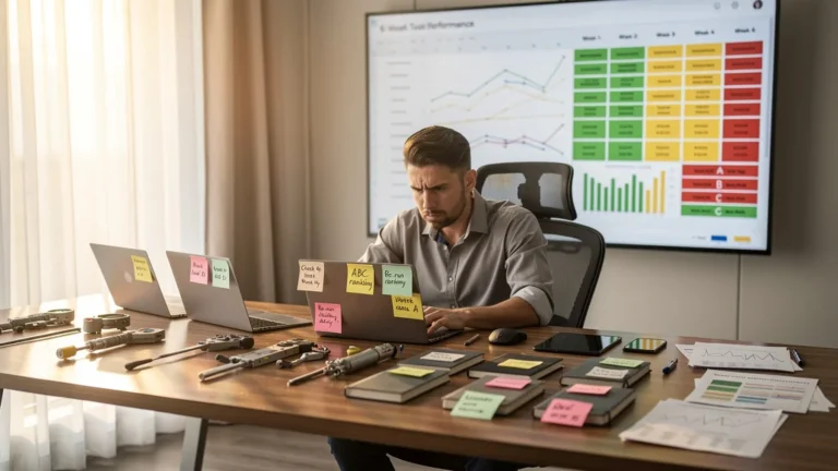 Suivi détaillé et classement ABC des outils en 6 semaines de production dans un bureau moderne