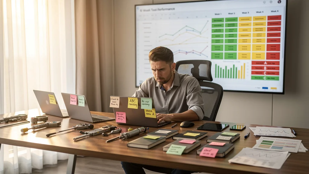 Suivi détaillé et classement ABC des outils en 6 semaines de production dans un bureau moderne