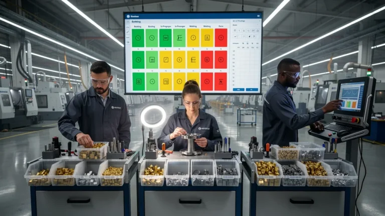 Kanban de plaquettes carbure en usine industrielle sur 3 postes, ambiance réaliste et professionnelle