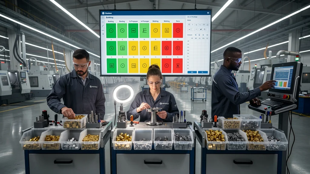 Kanban de plaquettes carbure en usine industrielle sur 3 postes, ambiance réaliste et professionnelle