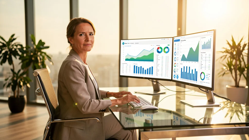 Femme concentrée analysant ses indicateurs de performance dans un bureau lumineux, symbole d’arrêt des urgences