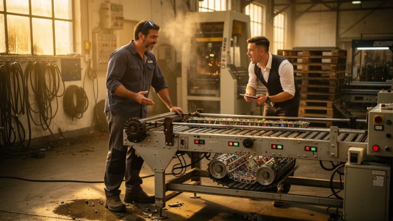Opérateur montrant une chaîne de montage fonctionnant à l'envers dans un atelier industriel lumineux