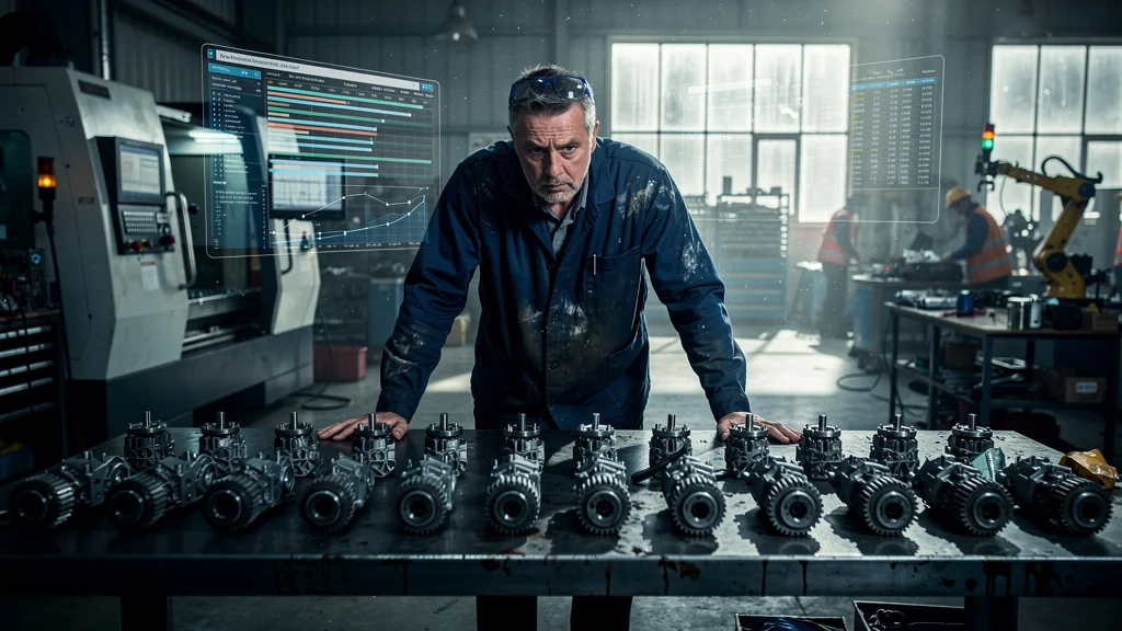 Atelier industriel montrant 40 pièces immobilisées une semaine à cause d'une mauvaise priorisation de production