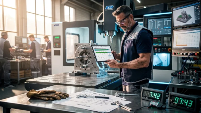 Homme préoccupé dans un atelier industriel constatant un dépassement de devis de 18 % à cause du bridage mal estimé