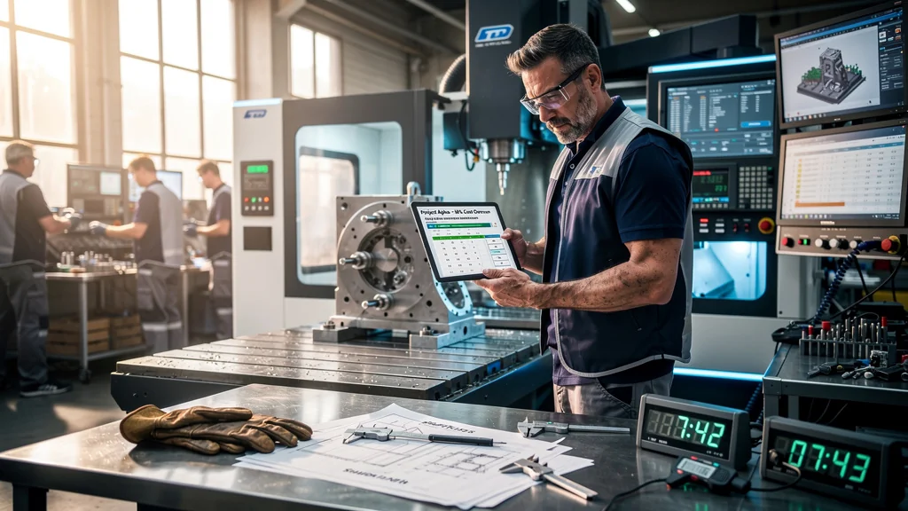 Homme préoccupé dans un atelier industriel constatant un dépassement de devis de 18 % à cause du bridage mal estimé