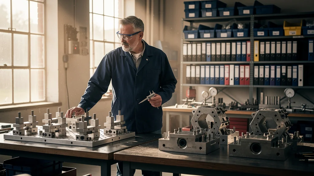 Comparaison hyper-réaliste du bridage modulaire et montage dédié en petite série dans un atelier industriel
