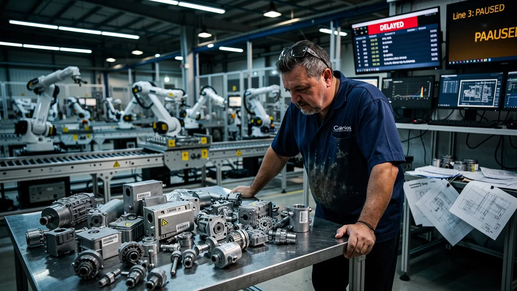 Ouvrier frustré dans une usine, retard de 2 heures dû au manque de standardisation des pièces d'origine