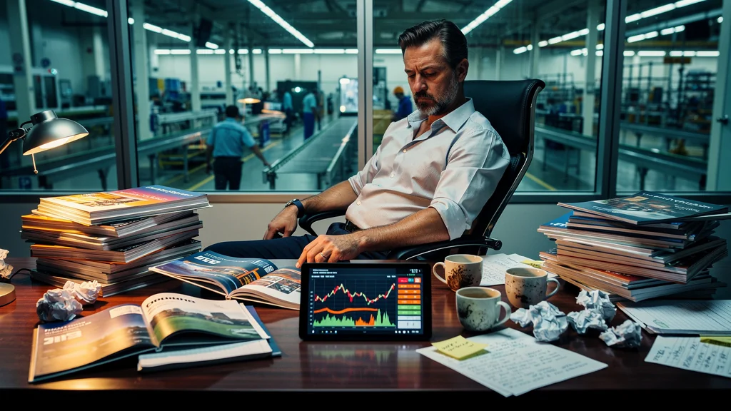 Professionnel méfiant face aux cadences fournisseur sur catalogue dans un bureau industriel moderne