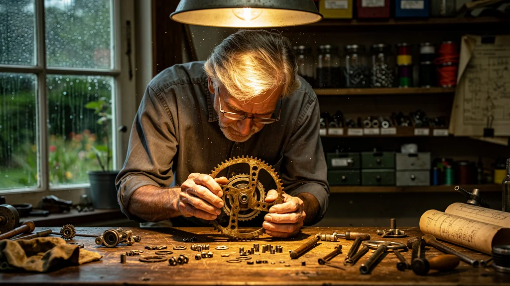 Atelier vintage montrant un artisan réparant un montage usé, symbole de savoir-faire et patience