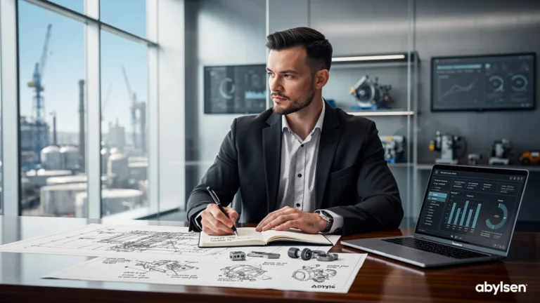 Portrait réaliste d'un rédacteur industriel de 32 ans dans un bureau moderne lumineux avec vue industrielle