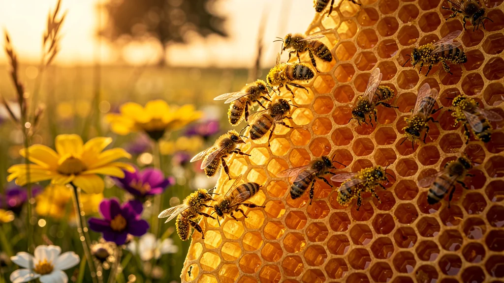 Structure de ruche en nid d'abeilles hyper-réaliste illustrant l’ingénierie des abeilles en nature